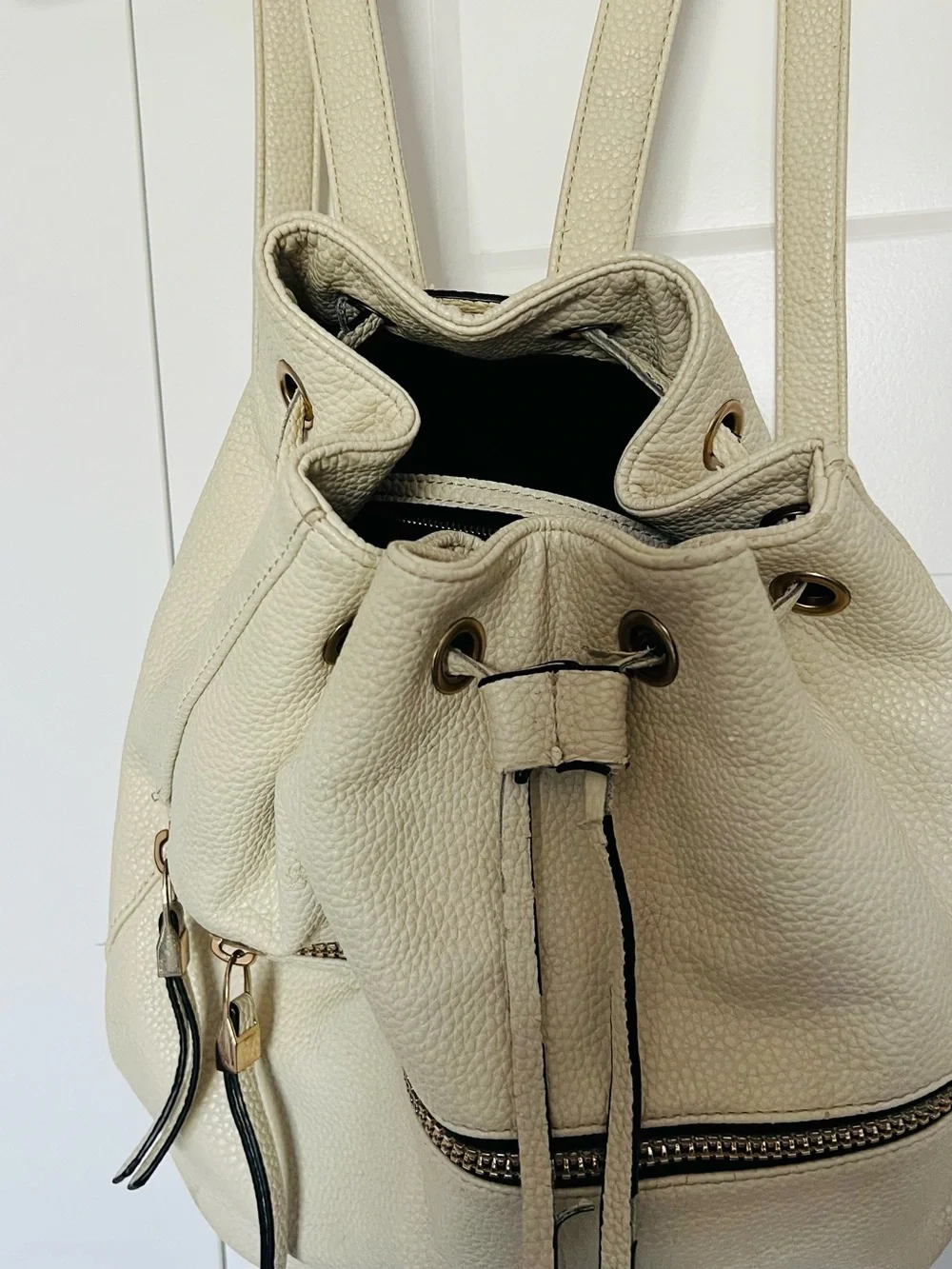 Cream Drawstring Leather Backpack Purse